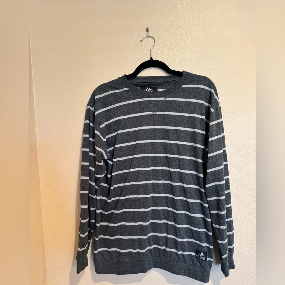 Supply and Demand Charcoal Grey Striped Long Sleeve Pullover Cotton Blend  Shirt